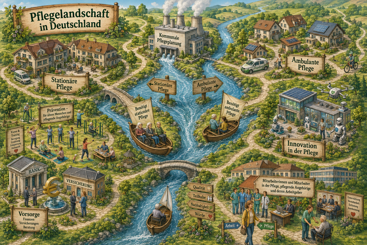 Eine stilisierte Kartenansicht der Pflegelandschaft in Deutschland